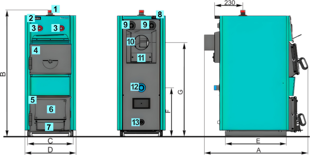 centrometal eko ck-p apkures katls ar konstrukcijas skatiem un numeraciju